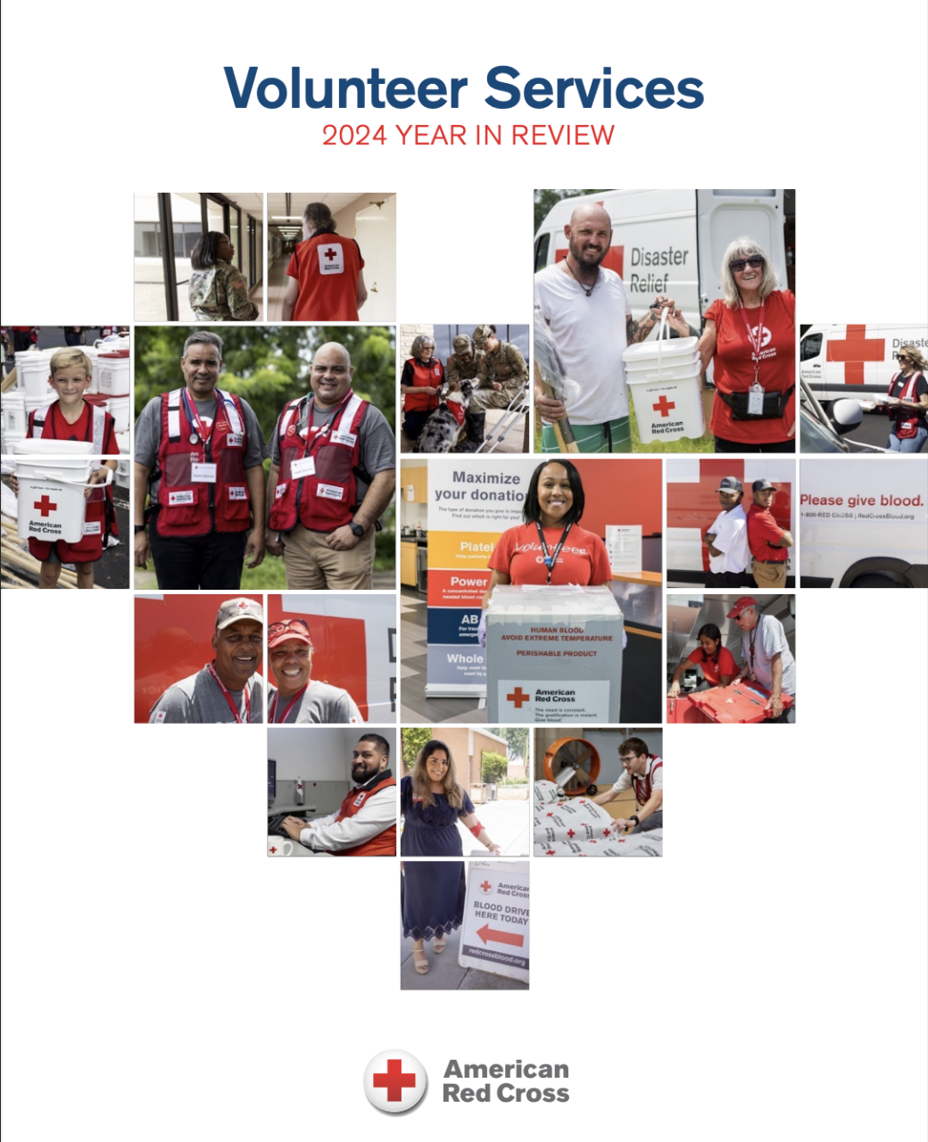 Volunteer Services, 2024 Year in Review Report cover made up of photos of volunteers arranged into a heart.